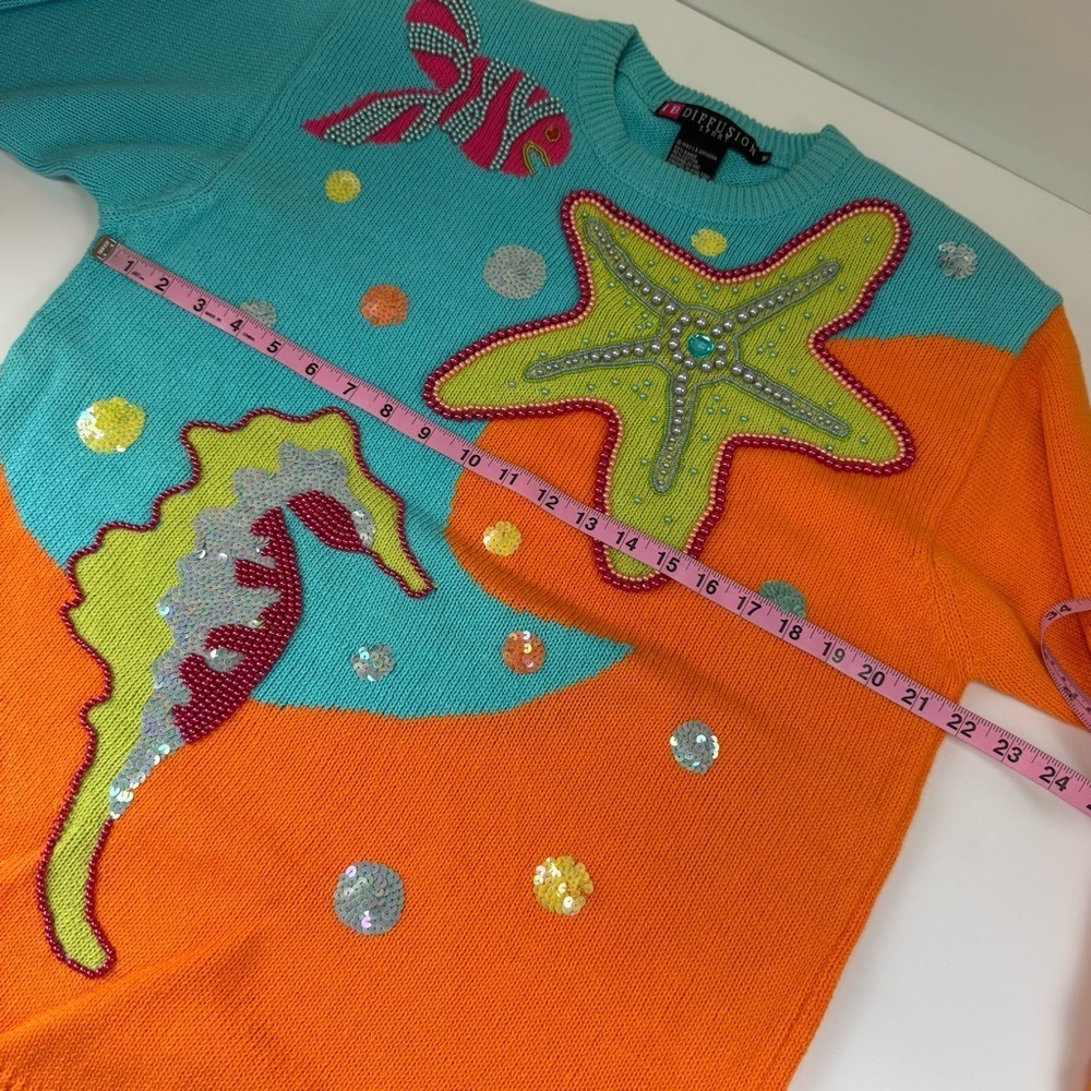 Vintage IB Diffusion Sport Sweater Womens Medium Blue Orange Sea Life Beaded 90s - Picture 9 of 11